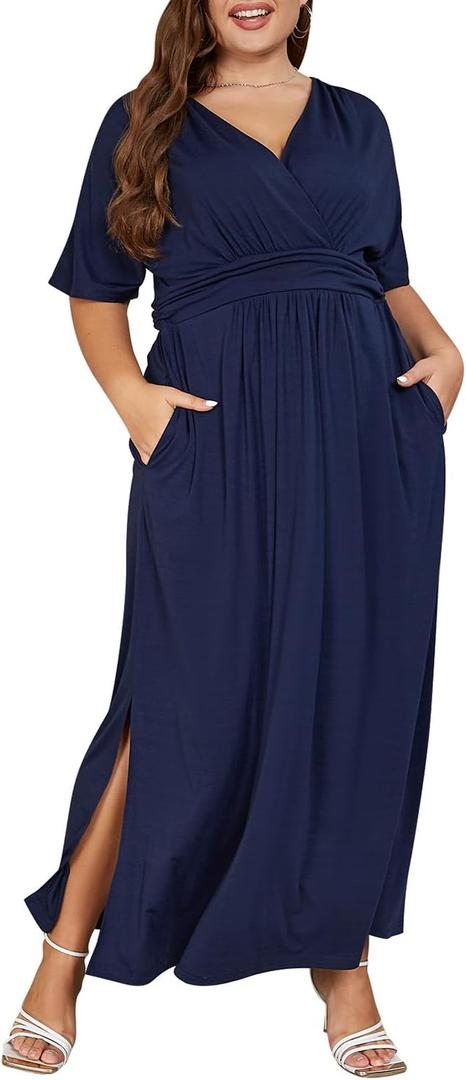 Keluummi Plus Size Wedding Guest Maxi Dresses for Curvy Women, Summer Formal Floral V Neck 3/4 Sleeve A Line Long Party Dress US18, Navy Blue