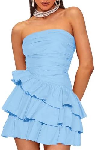 MTGGD Women's Ruched Strapless Tube Mini Dress Sleeveless Tiered Layered Ruffle A Line Short Dresses, L, Sky Blue
