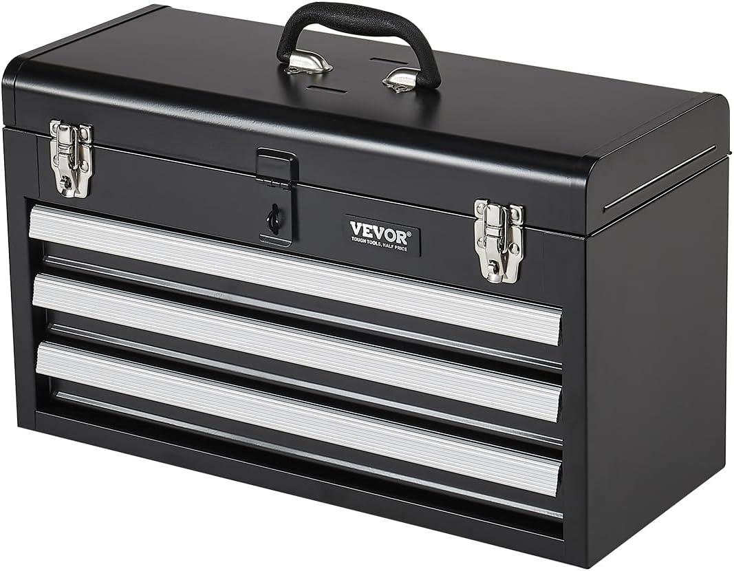 VEVOR Metal Tool Box, 20.5-inch, Portable Metal Tool Box with 3 Drawers, Small Tool Chest with EVA Liners, Ball Bearing Slide Drawers Locking & Powder Coated Finish, Multi-Function Tool Organizer