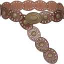 INOGIH Womens Wide Western Cowboy Disc Belt Vintage Cowgirl Concho Leather Belts Boho Style for Jeans Dress Skirt (Brown) For Waist 28-38 in