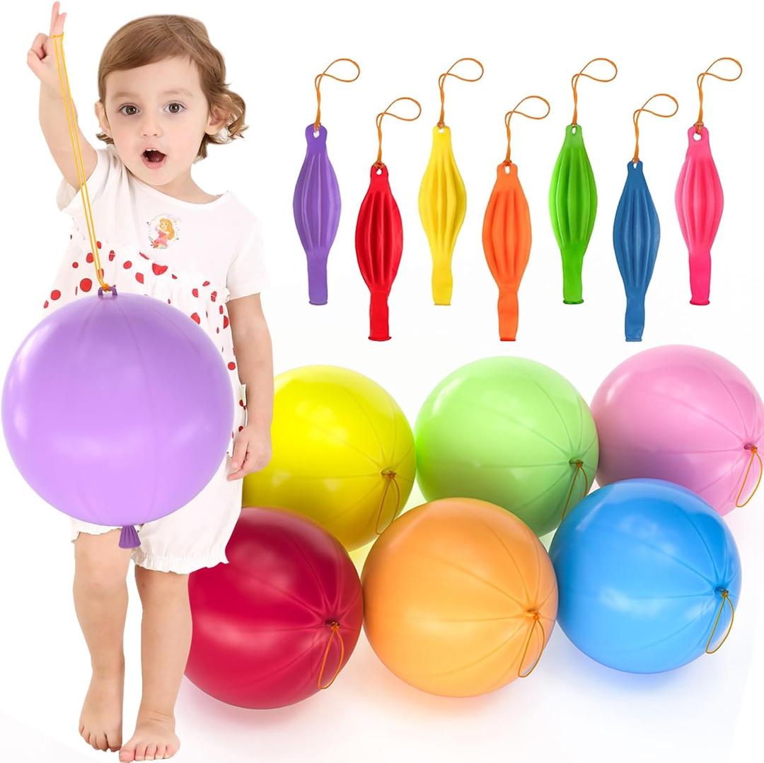 36pcs Punch Balloons Thickened neon Heavy Duty Punching Balloons with Rubber Bands Handle, 7 Colors Fun Bounce Balloons Birthday Party Favors for Kids Party Decorations