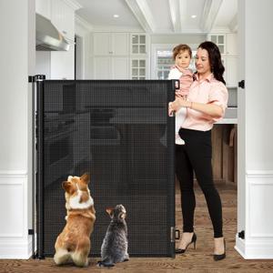 Reinforced 42" Extra Tall Pet Gate 55" Wide Retractable Baby Gate with Support Rods - Retractable Dog Gate Indoor/Outdoor Retractable Gate, Bottom Anti-Escape Tall Dog Gates for Doorways, Black