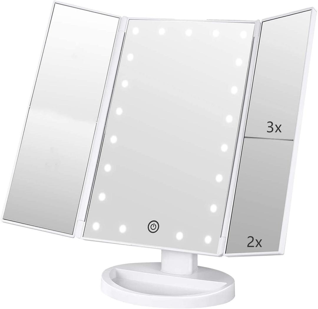 Trifold Makeup Mirror Vanity Mirror with Lights,1X 2X 3X Magnification,Touch Screen,180 Adjustable Rotation,Portable Travel Bathroom Cosmetic Mirror (White)