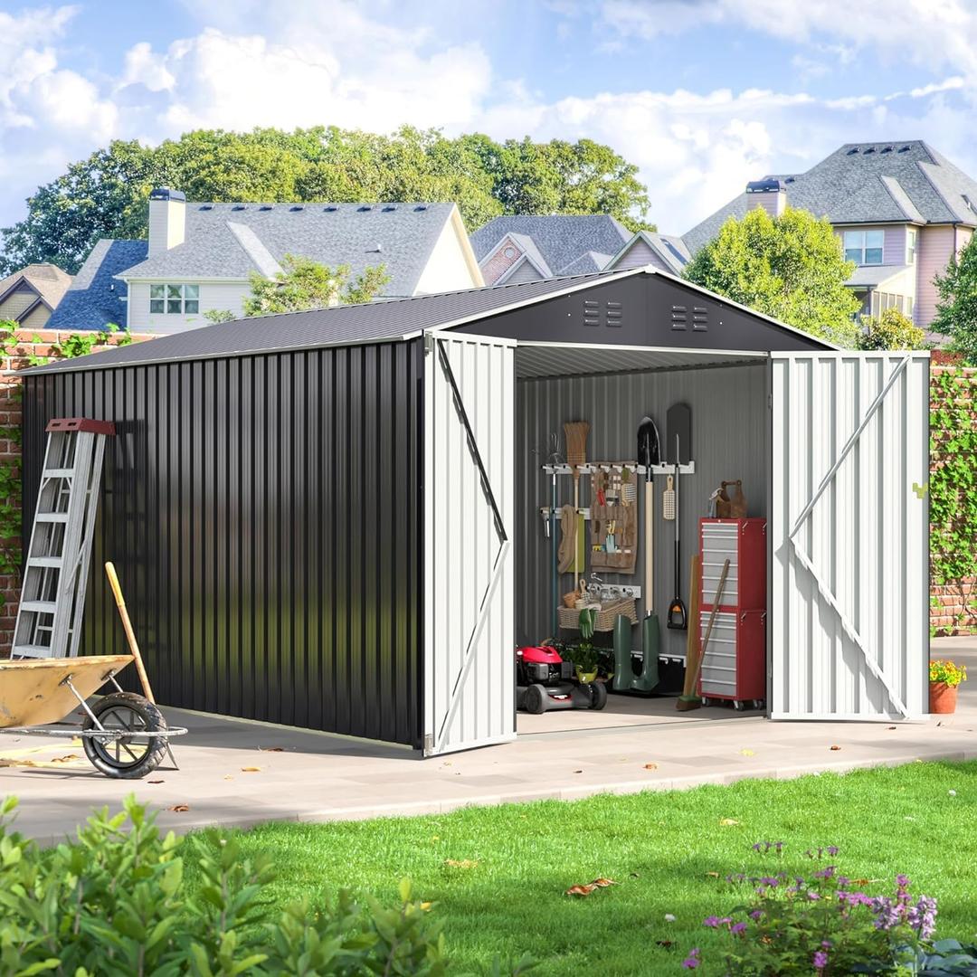 Metal Storage House, 8x12 FT Double Door Outdoor Metal Storage shed, Ventilation Openings, Lockable Doors and Windows, Safe Design & Sturdy, Durable Suitable, for garages, courtyards, Brown.