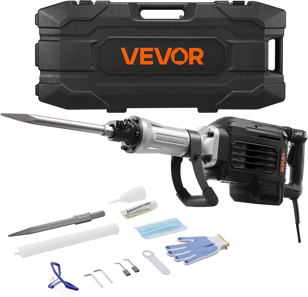 VEVOR Demolition Jack Hammer, 3000 W Powerful Electric Jackhammer, 1700 BPM Concrete Breaker with a Point Chisel, Carrying Case, Gloves, Goggles, for Concrete, Wall, Brick, Tile and Foundation