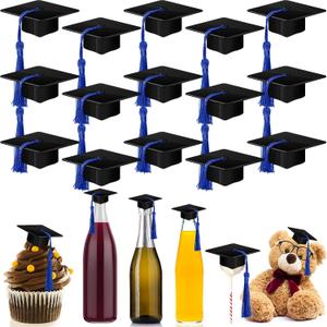 Qunclay 30 Pieces Mini Graduation Cap Black Hats with Blue Tassels Plastic Grad Cake Pops Cover Toppers for Graduation Party Decorations