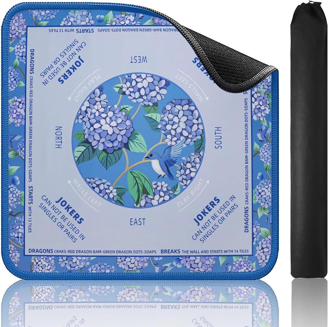 TIASUSAN Blue Mahjong Learning Mat (33 x 33) with Black Carrying Bag, Anti-Slip, Noise-Reducing Mahjong Mat for Table, Board Games, Tile Games and Cards