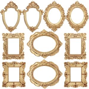Draupnir 10 Pcs Vintage Resin Picture Frame, Oval Rectangle Wall Hanging Antique Photo for Jewelry Display Photography Photo Frame Christmas Party Home Wall Decor Without Glass or Backing (Gold)