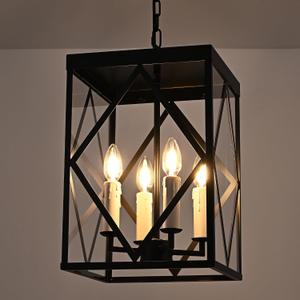 Black Exterior Pendant Lights for Porch with Clear Glass 4 Light Adjustable Hanging Lamp Farmhouse Lantern Porch Light Exterior Chandelier Ceiling Mount for Entrance Patio, White Candle Socket
