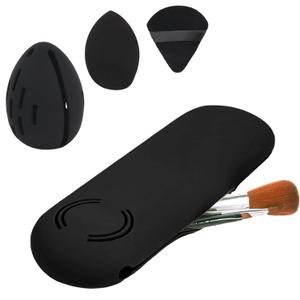 Silicone Makeup Brush Holder and Makeup Sponge Holder Set, Blender Case Organizer, Powder Puff Case with Sponge & Brushes for Travelling(Black 7 Pcs)