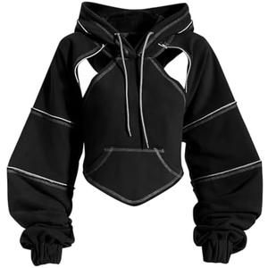 Pooyikoi Crop Hip Hop Hoodies Women Pullover Spring Autumn Cutout Backless Bandage Short Hooded Sweatshirt Tracksuit M