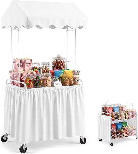 Mobile Candy Cart for Party Foldable Vendor Cart with Wheels Easy to Assemble, Hidden Storage, with Canopy and Table Skirt, White DIY Dessert Cart for Ice Cream,  Item Weight 29.5 pounds Item dimensions L x W x H 37.8 x 25 x 5.51 inches