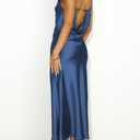 Summer Satin Spaghetti Strap Cowl Neck Backless Midi Dresses for Women Elegant Tie Low Back Ruched Cocktail Dress Navy, Small