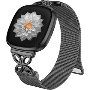 JKD Floral Shape Metal Band Compatible with Fitbit Versa 4/Versa 3/Sense/Sense 2 Bands for Women Men, Mesh Straps Stainless Steel Sports Wristband for Fitbit Sense 2/Versa 4/Versa 3 Smartwatch, Black