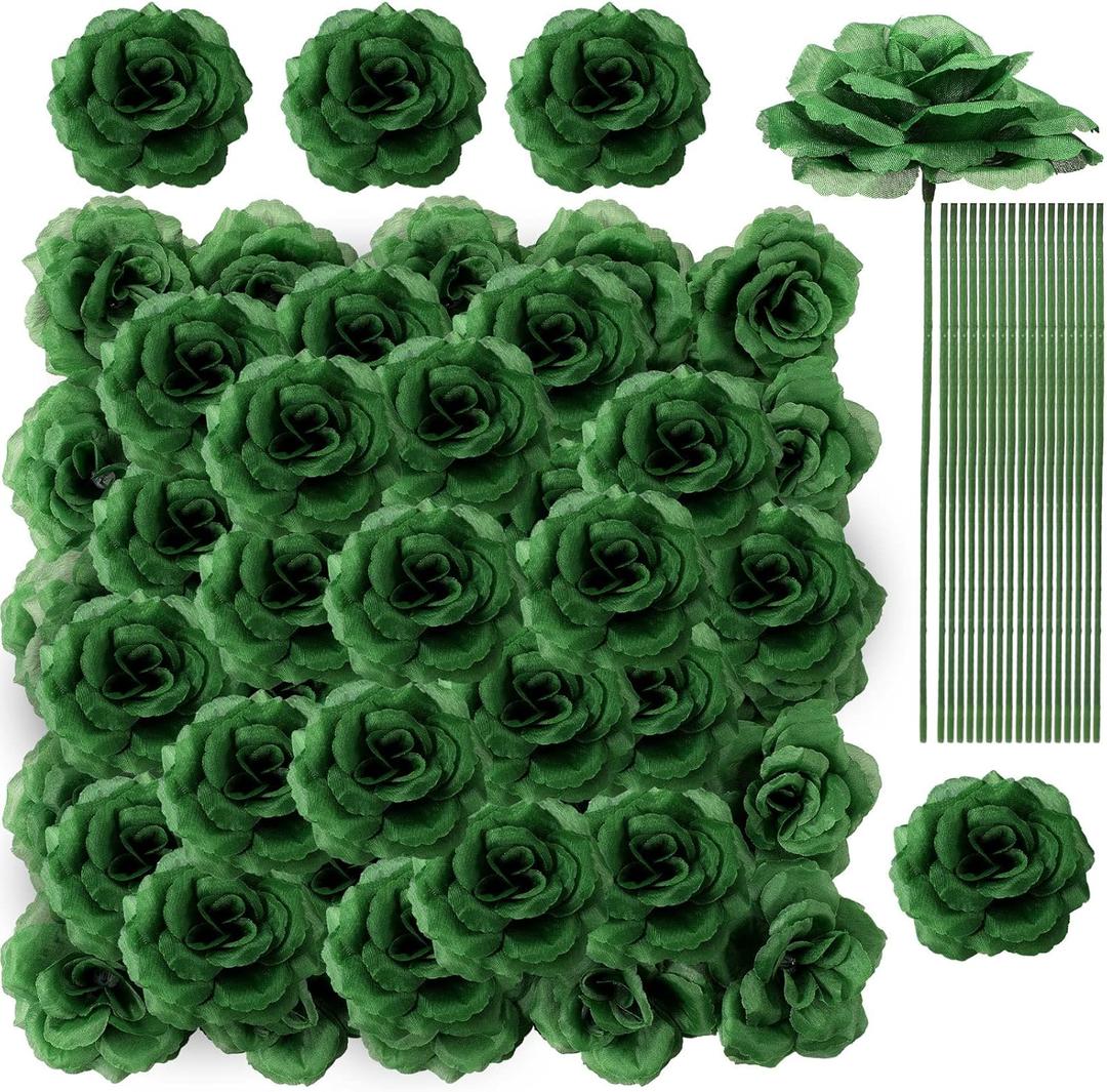 200 Pcs 3 Inch Artificial Flowers Fake Silk Rose Head Flower with Stem Emerald Flower Faux Rose and 6 Inch Stem for Wedding Bridal Bouquet Home Floral Decor DIY Centerpieces (Green)