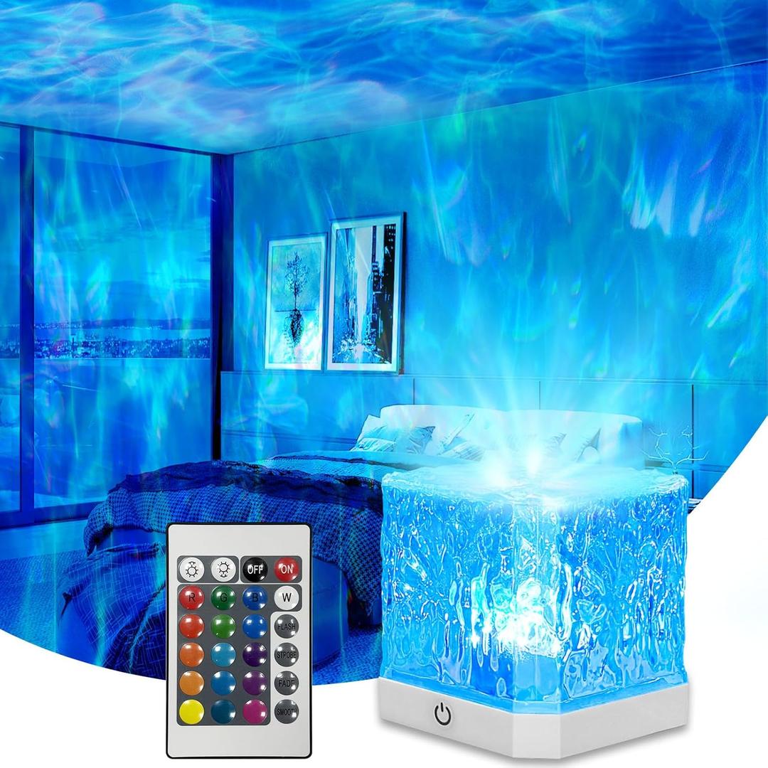 Ocean Wave Projector Light,16 Colors Water Ripple Romantic Ambient Lighting Northern Lights Projector with Remote for Bed Room Decor Meditation Relaxation Night Lights