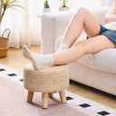 Cpintltr Ottoman Natural Seagrass Footrest Poufs Hand Weave Round Foot Stool for Couch Desk Soft Step Stool Padded Foot Rest with Pine Legs for Living Room Bedroom (Natural White)
