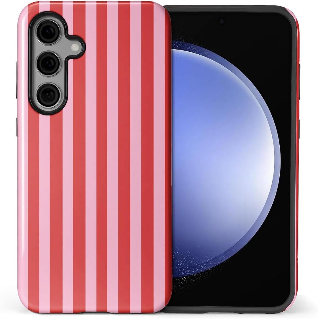 Compatible with Samsung Galaxy S25 Glossy Case for Girl Boy Full Body Design Soft Silicone Drop Shock Scratch Protection Crazy Pattern Red and Pink Stripes Geometric Vertical Line