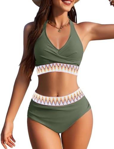 AI'MAGE Women High Waisted Bikini Sets Tummy Control Swimsuits Two Piece Swim Suits 2025 Color Block Halter Bathing Suits, S