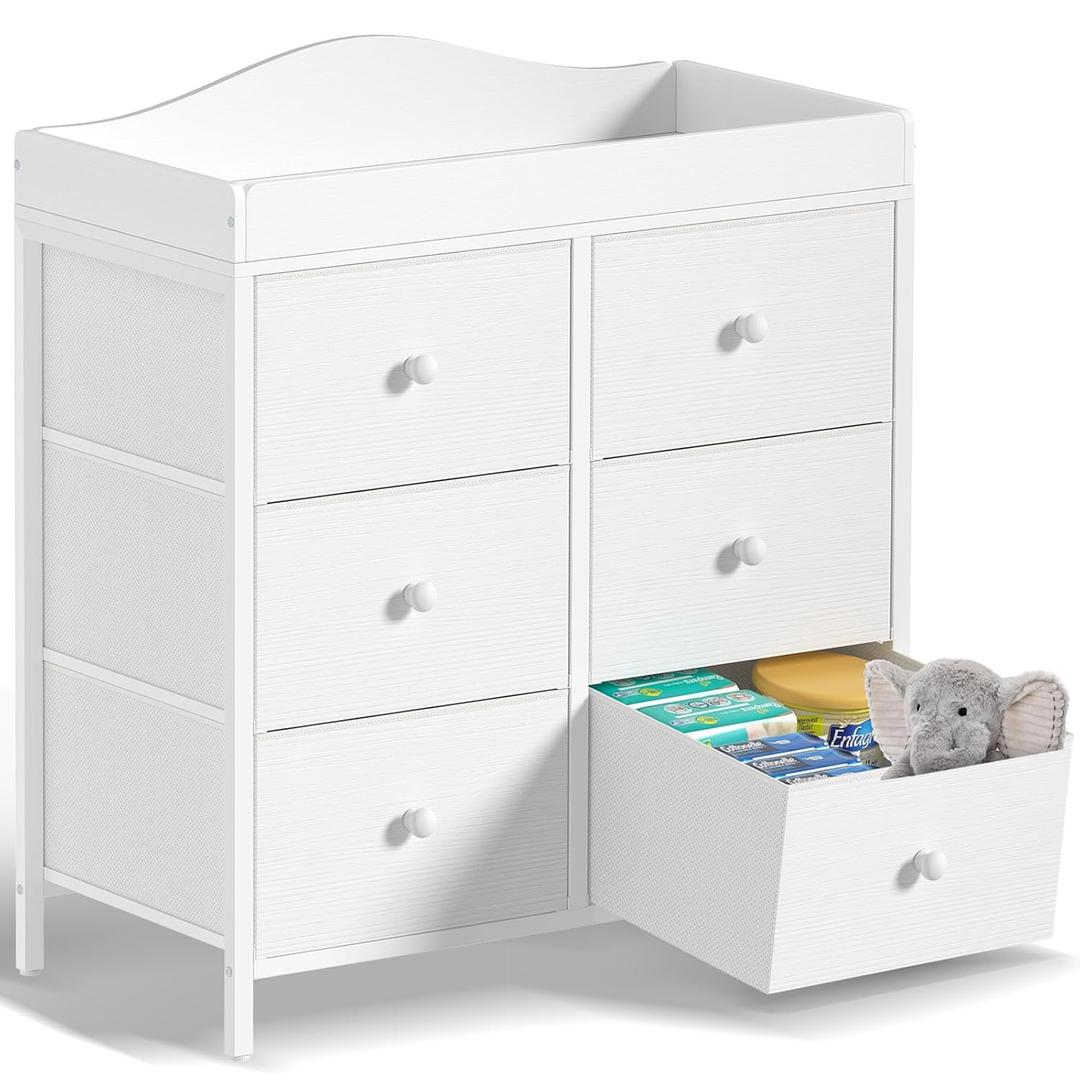 BOLUO Changing Table Dresser with 6 Fabric Drawers, Baby Dresser with Changing Table Top Diaper Changing Station with Storage for Nursery Modern (White)
