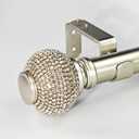 1-1/8 Inch Diameter Brushed Silver Curtain Rod with Rhinestone Finials, 36-72'' Telescoping Single Curtain Rods for window width 24-68 inch, 1 pack