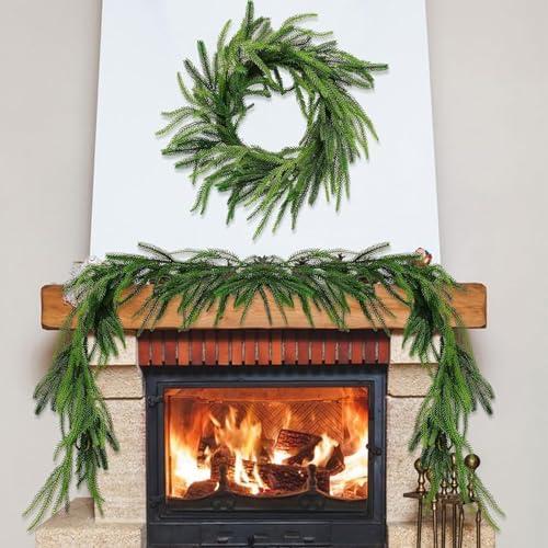 1 Pc 6 Ft Artificial Norfolk Pine Garlands, Christmas Garland,Real Touch Winter Pine Garland, Green Artificial Greenery Garland for Table for Christmas Winter Home Mantel Fireplace Holiday Party