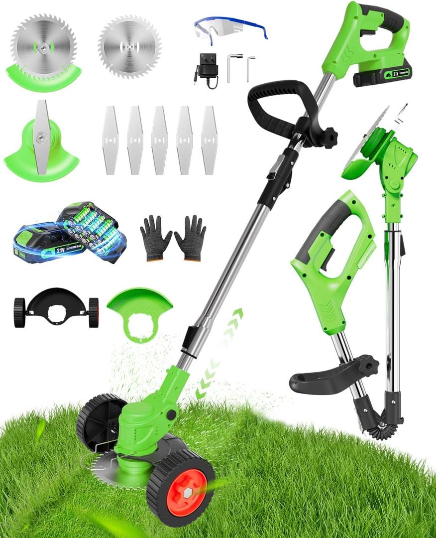 Cordless Weed Wacker Battery Powered, 2-in-1 Electric String Trimmer & Edger, 21V Foldable Grass Cutter with 2.0Ah Battery and Charger, Lawn Tool for Garden Yard Maintenance
