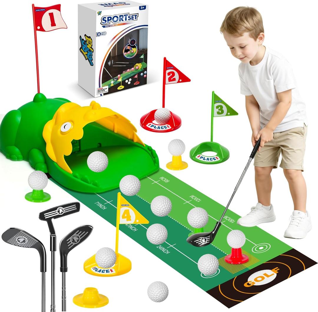Upgraded Kids Golf Set Kids Golf Clubs With Dinosaur Automatic Golf Returner Toddler Golf Set with Glow Balls, 3-8 Toddler Mini Golf Games, Gator Golf, Indoor Outdoor Sports Toys for Boys, Girls