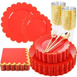 LIYH 210 Pcs Red Plastic Plates - Red Disposable Plates and Napkins Set, Gold Scalloped Plastic Plate Include Dinner & Dessert Plate, Silverware, Cups for Valentine's Day 30 Guests