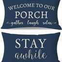 PANDICORN Welcome to Our Porch Stay Awhile Blue Outdoor Farmhouse Lumbar Decorative Throw Pillow Covers 12x20 Inch Set of 2 Cozy Relax Porch Patio Spring Winter Decoration for Home Couch Bench Decor