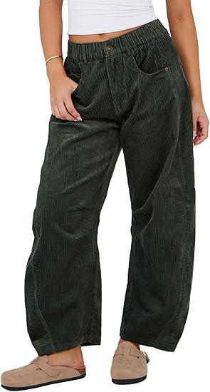 SeekMe Women's Corduroy Pants Barrel Mid-Rise Elastic Waist Cord Pants Casual Wide Leg Baggy Trouser with Pockets Large