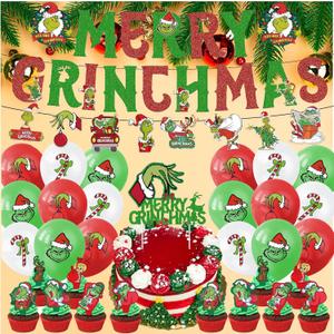 33pcs Christmas Balloons Decoration Set,Xmas Theme Party Balloons Decorations,Red Green Balloons,Christmas Banners,Card Placement Kit