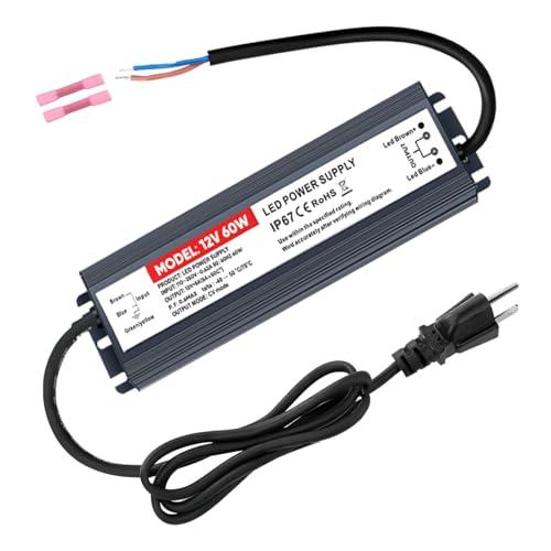 60W LED Driver 12V Power Supply 5A, Waterproof IP67 AC 110V to 12V Converter LED Adapter Transformer with 3-Prong Plug & Heat Shrinkable Connector for Indoor Outdoor LED Light - Amazon.com