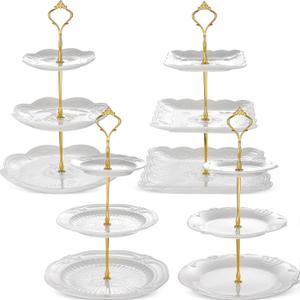 Tioncy 4 Pack 3 Tier Cupcake Stand Ceramic Cake Tower Stand Three Tiered Serving Tray Dessert Table Display Set for Pastry Fruit White Vintage Porcelain Embossed Platter for Wedding Birthday Party
