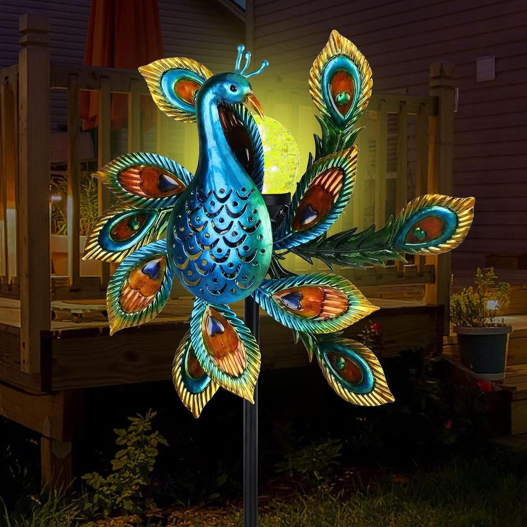 Solar Wind Spinner Outdoor Metal Kinetic Wind Spinners with LED Lighting Glass Ball Peacock Wind Spinner with Stake Decorative Windmill for Yard Lawn Garden Patio Decor