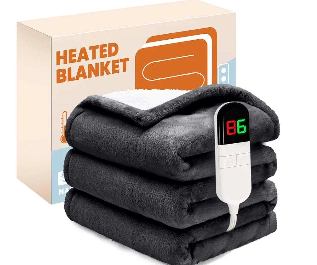 Electric Heated Blanket,Flannel & Sherpa Heated Throw Blanket 50"x60",Fast Heating Soft Fleece Blanket with 8 Heating Levels & 8H Auto Off - Grey