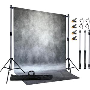 2-in-1 Portable Photo Backdrop Kit with 6x8ft Abstract Background - Includes Adjustable Stand, 8 Clamps & Storage Bag(Grey,6x8ft)