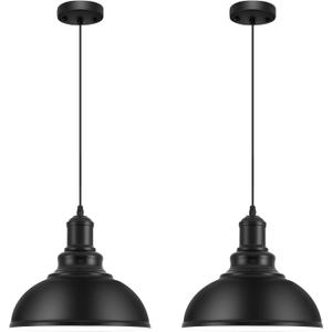 2PCS Matte Black Pendant Lights, Farmhouse Pendant Lamp with Metal Shade (White Inside), Industrial Pendant Lighting for Kitchen Island, Dining Room, Bedroom, Hallway