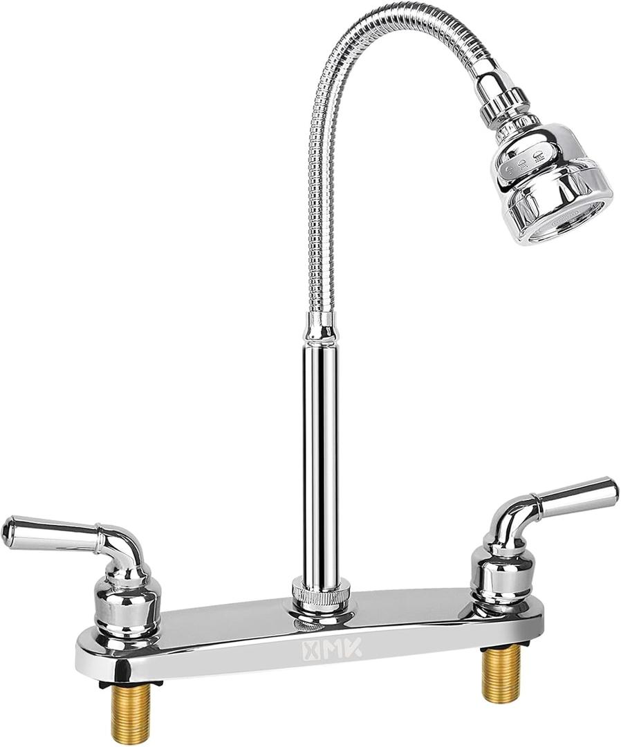 XMK All Metal RV Kitchen Faucet,Camper RV Kitchen Sink Faucet Replacement with Flexible Arc 360 Degree Rotatable Tri-Function Sprayer for Campers,Motorhomes,Travel Trailers,8 Inch 2 Hole