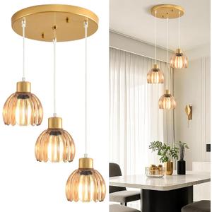 3-Light Pendant Lights Kitchen Island, Gold Mid Century Modern Pendant Light Fixtures, Industrial Chandelier with Amber Glass Shade, Adjustable Ceiling Hanging Lamp For Dining Room Hallway Living Room