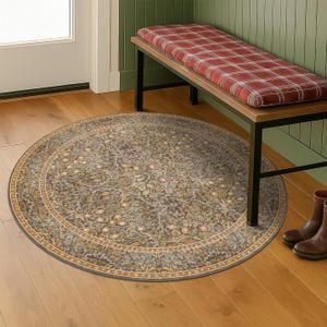 Gold Brown 3ft Small Round Rug for Entryway Indoor, Vintage Washable Area Rug for Kintchen, Bathroom - Non Slip with Rubber Backing, Floral Pattern Low Pile Soft Carpet