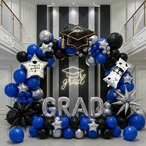 Blue Black Silver Graduation Balloon Garland Arch Kit with Graduation Star print Certificate Letter Foil Balloons for Graduate Class of 2026 Grad Prom party Decorations Supplies