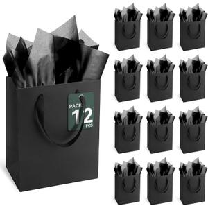 lack Small Gift Bags with Handles and Tissue Paper, 8x5x10 Inch 12 Pack