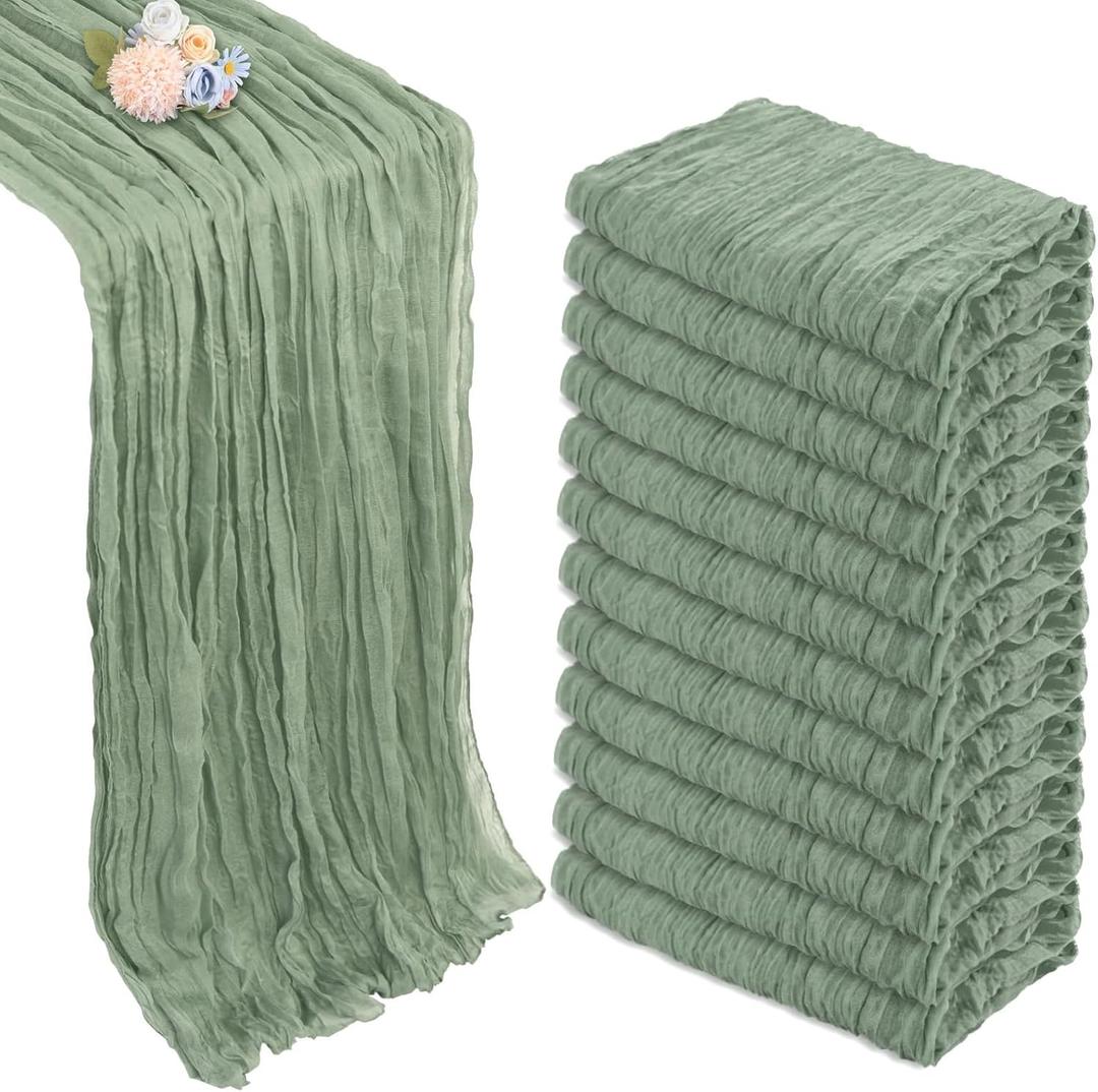 12 Pack Sage Green Cheesecloth Table Runner 10ft Boho Gauze Fabric Cheese Cloth Table Runner 35 x 120 Inch Rustic Sheer for Holiday Baby Shower Home Dcor Party Wedding Decoration