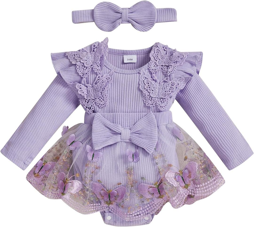 Baby Girl Romper Dress Lace Flowers Baby Dress Romper Infant Fall Winter Festival Clothes with Bow Headband (3-6 Months, Purple)
