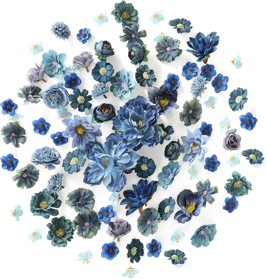 Floroom Mini Artificial Flower Heads Dusty & Navy Blue Fake Peony Daisy Rose Multicolor Small Faux Silk Flower Heads for Cake Craft Garland Wedding Party Graduation Cap DIY Home Decoration, 0.8"-3.6"