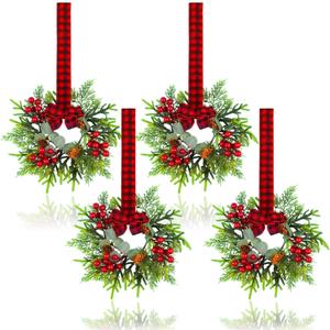 4Pcs Small Christmas Wreath - Mini Wreaths with Red Berry Pine Eucalyptus Christmas Wreaths for Door Kitchen Cabinets Window Fireplaces Decor