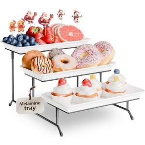 3-Tier Melamine Serving Tray Set, 11.5" x 5.6" Platters for Serving Food, White Reusable Trays with Black Metal Display Stand for Cupcakes, Sevring Food, Dessert, Fruit, Cookie, Black