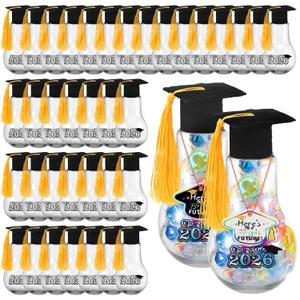 FoldTier 36 Pcs Graduation Party Favors Light Bulb Candy Jars Class of 2026 Graduation Party Supplies for Guests Grad Plastic Light Bulb with Card and Grad Hat Fillable Candy Containers, 100 ml
