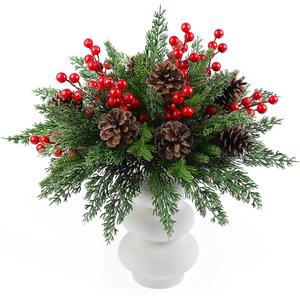 60 Pcs Artificial Pine Branch Set,Christmas Greenery Stems with Pinecones&Red Holly Berries, Fake Cedar Pine Needles Picks for Xmas Tree Wreath Garland DIY Crafts Christmas Decorations Indoor Outdoor (Natural)